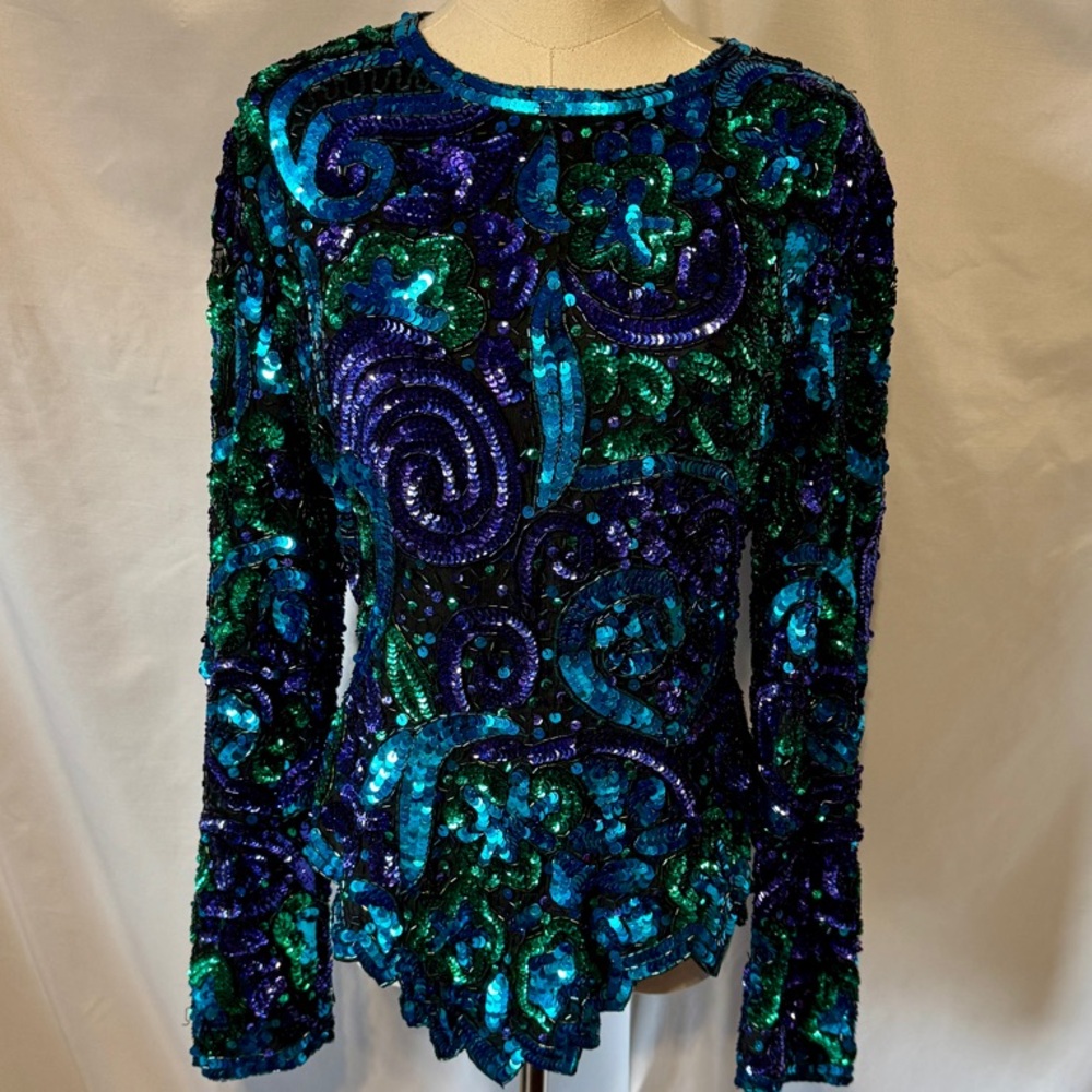 (M) Laurence Kazar Blue Green Sequin Embellished Blouse - Picture 1 of 13